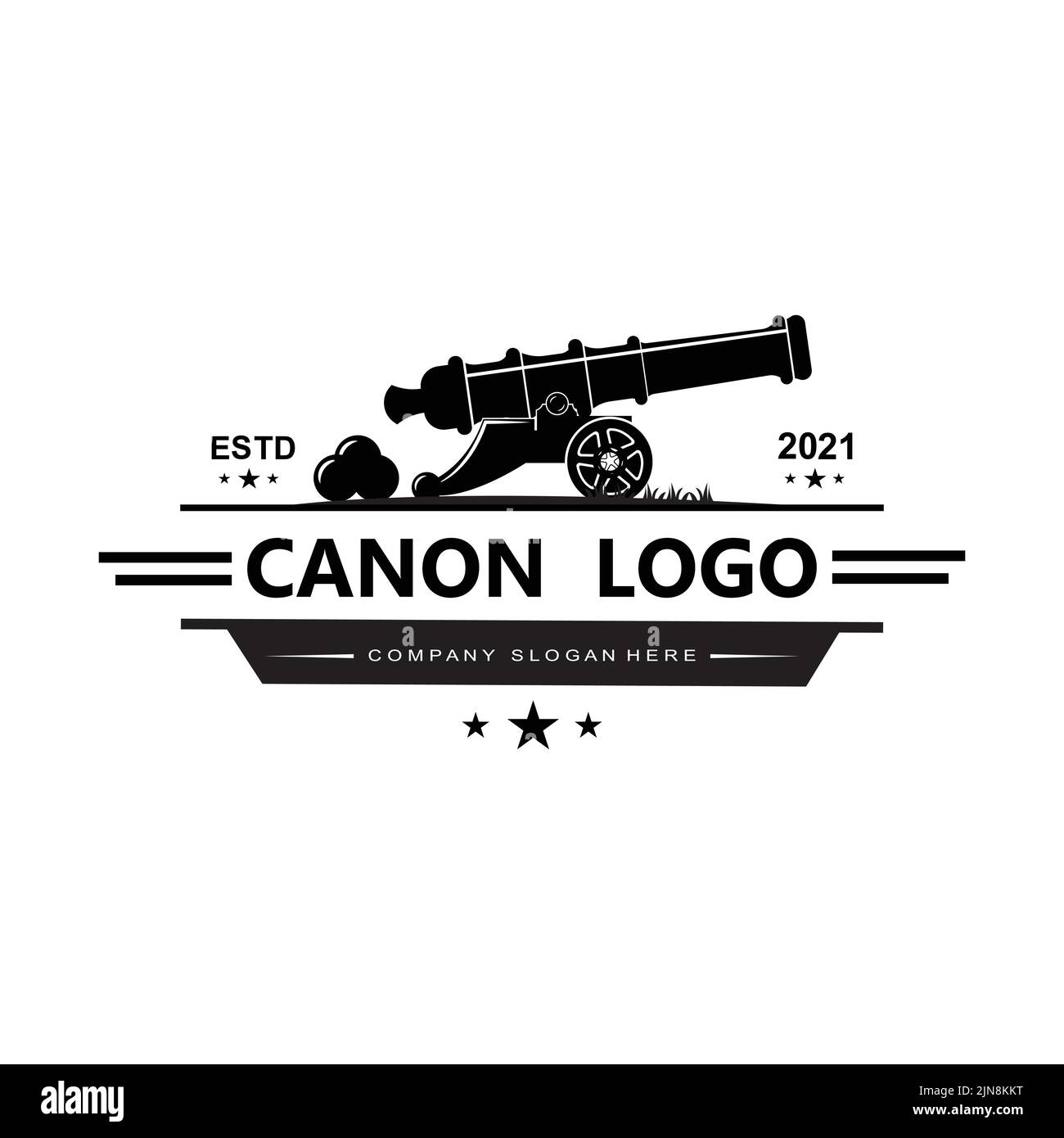 Kanonen-Logo-Vektor-Symbol, Armee-Kriegswaffe, Bombe, Sprengvorrichtung, königliche Wache, Retro-Vintage Stock Vektor