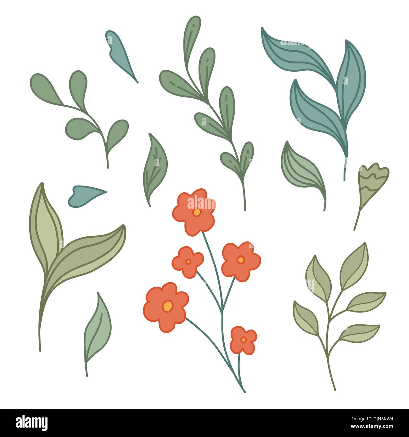 Vector Set von Retro groovy Stiele, Laub und kleine rote Blume. Cottagecore Clipart mit verschiedenen Blättern und Stiel vom Hintergrund isoliert. Retro Stock Vektor