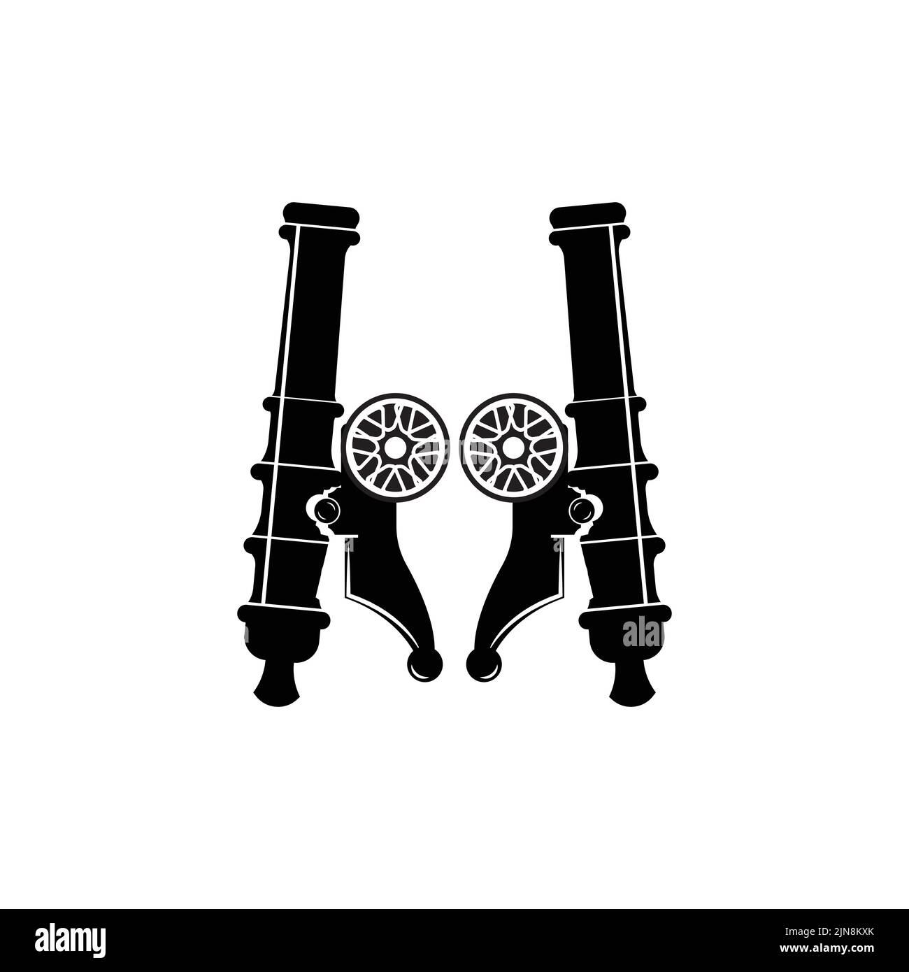 Kanonen-Logo-Vektor-Symbol, Armee-Kriegswaffe, Bombe, Sprengvorrichtung, königliche Wache, Retro-Vintage Stock Vektor