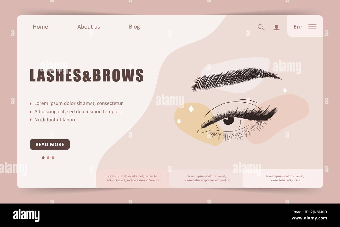 Vorlage für die Landing Page mit Wimpern und Brauen. Lineare weibliche Augen. Elegantes Logo für den Schönheitssalon. Vektor-Illustration in flachen Cartoon-Stil. Website-Design Stock Vektor