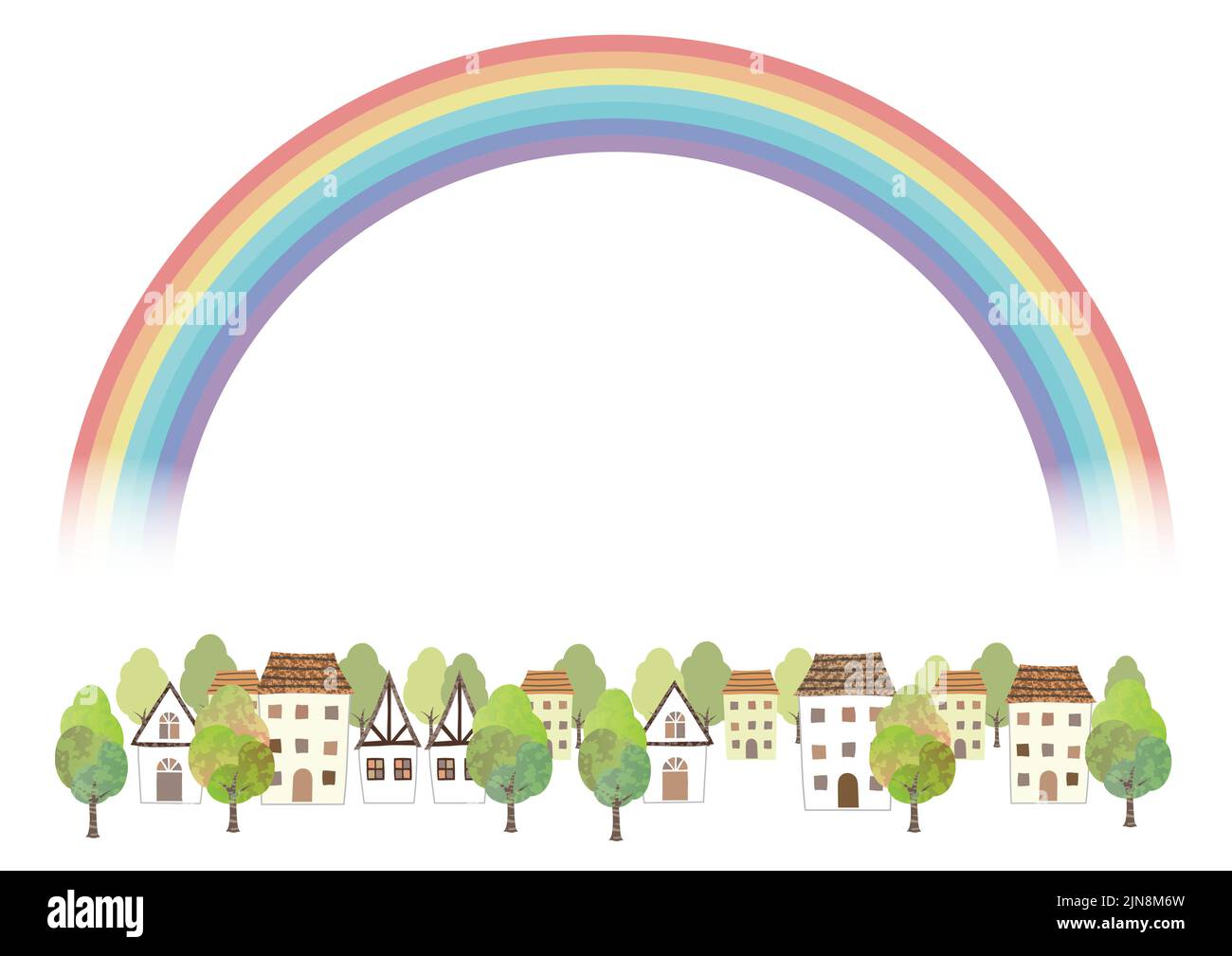 Idyllisches Stadtbild in Aquarell mit Einem Regenbogen auf Weißem Hintergrund. Vektorgrafik Mit Textabstand. Stock Vektor