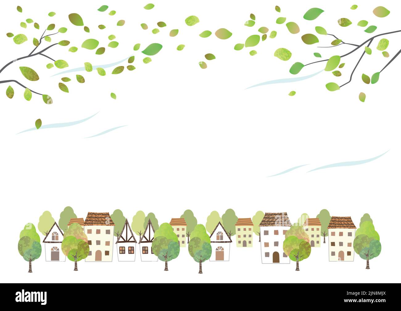 Idyllisches Stadtbild in Aquarell mit jungen Blättern isoliert auf Weißem Hintergrund. Vektorgrafik Mit Textabstand. Stock Vektor