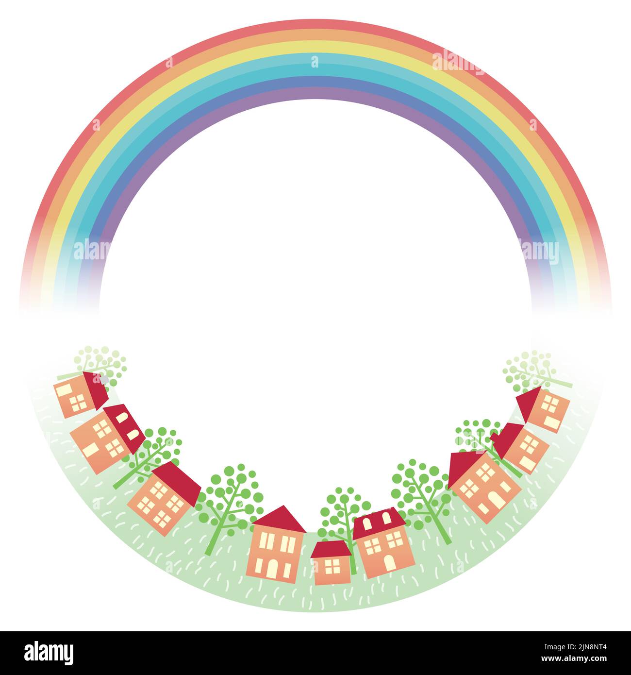 Runder Rahmen mit Regenbogen und Stadtbild isoliert auf Weißem Hintergrund. Vektorgrafik. Stock Vektor
