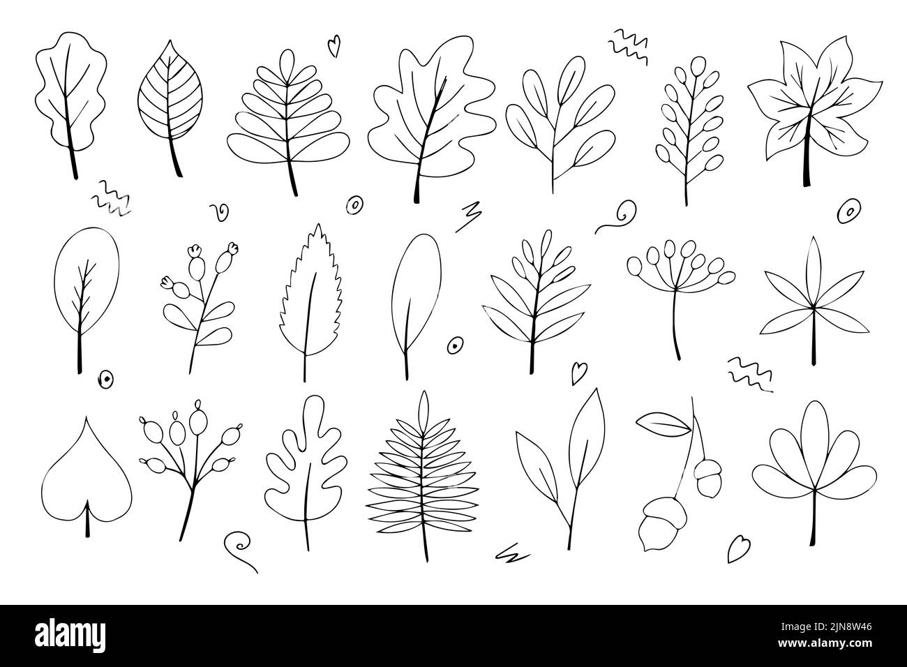 Set aus Herbstblättern in schwarz-weißem Umriss. Farbgebung. Doodle-Stil. Hallo, Herbst. Design oder Aufkleber. Isolierte Vektordarstellung Stock Vektor