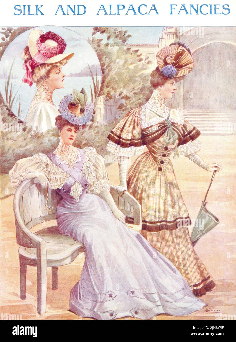 Seide und Alpaka-Phantasien illustrieren Sommermode ein Artikel von Mrs Jack May, der in The Queen um 1905 veröffentlicht wurde Stockfoto