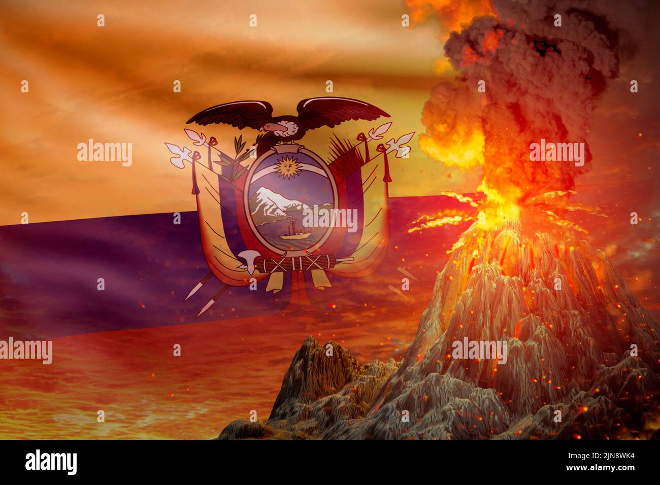 Großer Vulkanausbruch in der Nacht mit Explosion auf Ecuador Flagge Hintergrund, leiden unter Katastrophe und vulkanisches Erdbeben konzeptionelle 3D Illustration Stockfoto