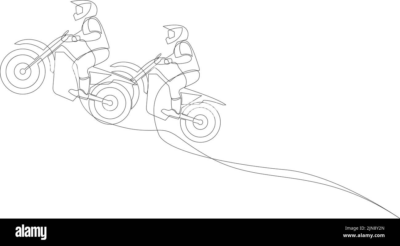 Eine fortlaufende Linienzeichnung von zwei Motocross-Fahrern, die auf der Rennstrecke auf einem Landhügel klettern. Extremes Sportkonzept. Dynamischer Konstruktionsvektor für Einzellinien i Stock Vektor
