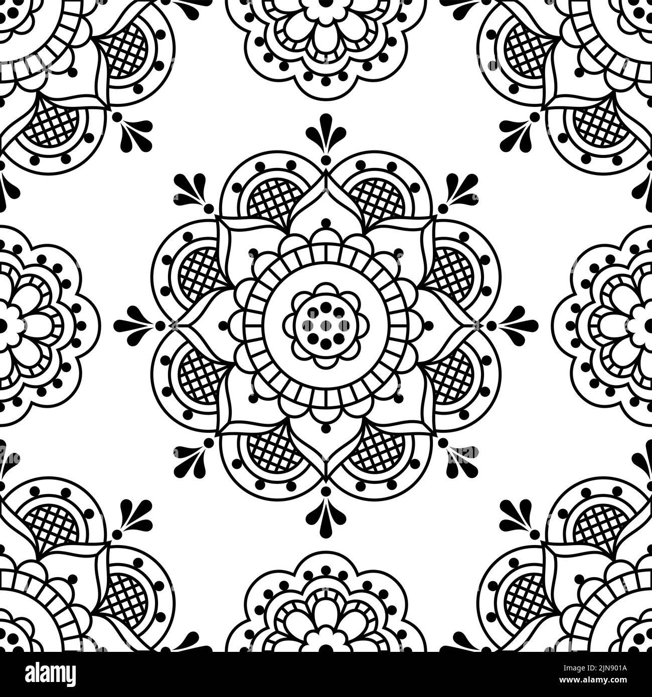 Skandinavische Volkskunst Stil Vektor nahtlose Muster mit Blumen, dekorative Textil-oder Stoffdruck-Design in schwarz auf weißem Hintergrund Stock Vektor