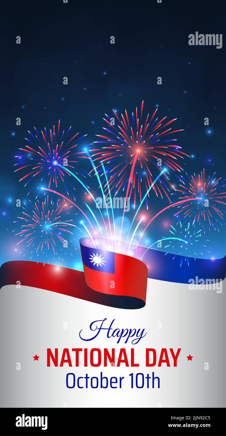 10. Oktober, Nationalfeiertag taiwan. Wellenförmige taiwanesische Flagge, buntes Feuerwerk auf blauem Himmel. Nationalfeiertag in taiwan Oktober 10.. Grußkarte Stock Vektor