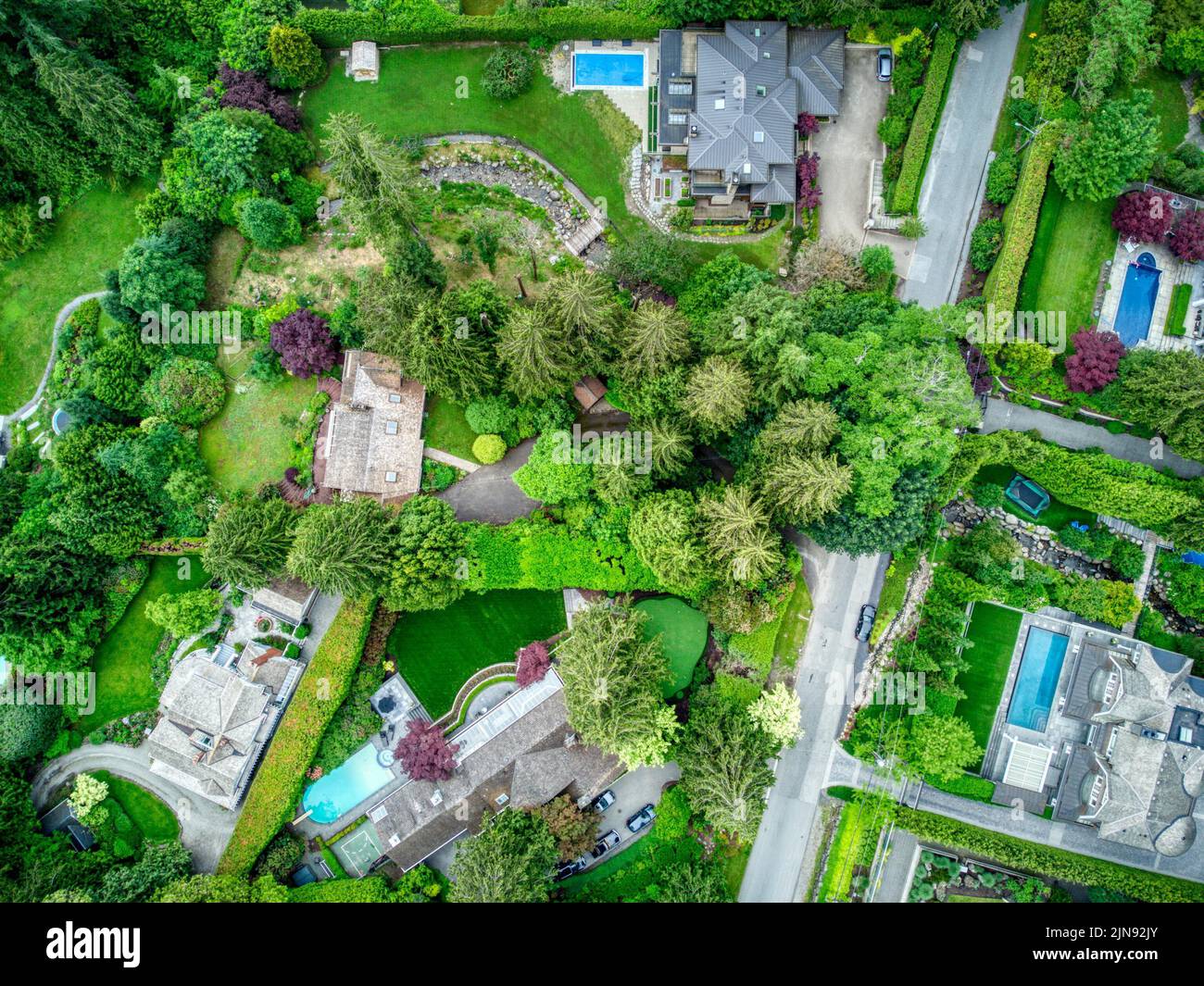 Eine schöne Nachbarschaft mit Häusern umgeben von grüner Vegetation. Vancouver, Kanada. Stockfoto