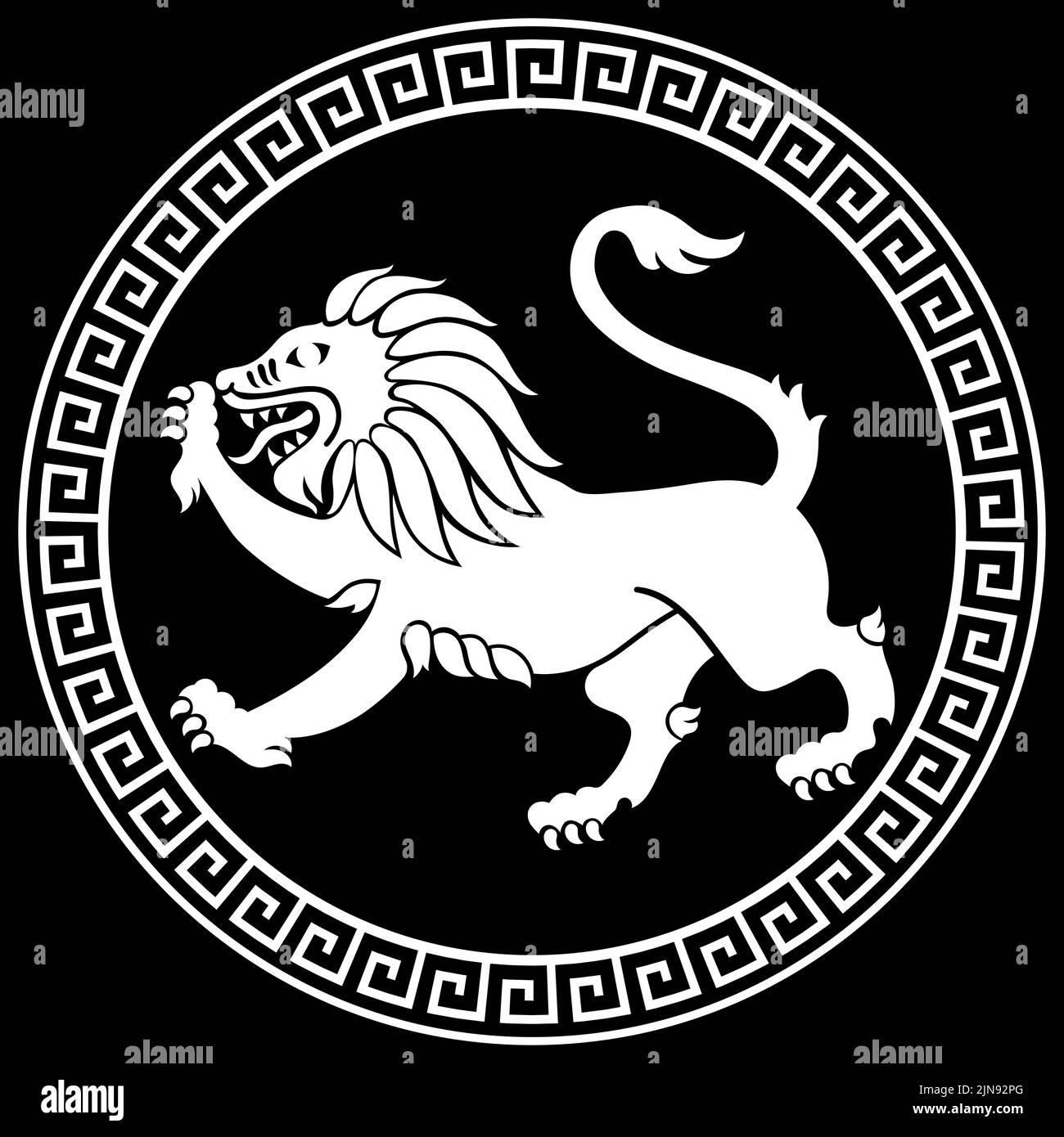 Altgriechisches Design. Das Bild eines Löwen im altgriechischen Stil auf dem Schild eines Kriegers Stock Vektor Altgriechisches Design. Das Bild eines Löwen im altgriechischen Stil auf dem Schild eines Kriegers Stock Vektor