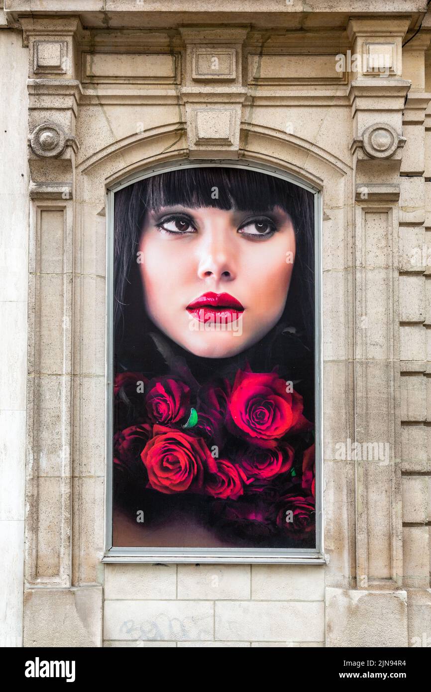 Porträt einer jungen Frau mit roten Rosen, die die gesamte Fensterfläche einnimmt. Stockfoto