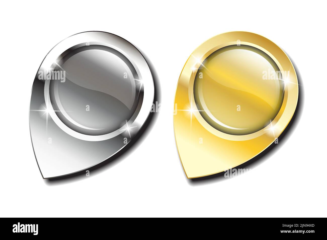 Goldene und silberne Kartenstifte, die Platz für Text oder Bild bieten, vor weißem Hintergrund mit Schatten. Vektorformat EPS10 Stock Vektor