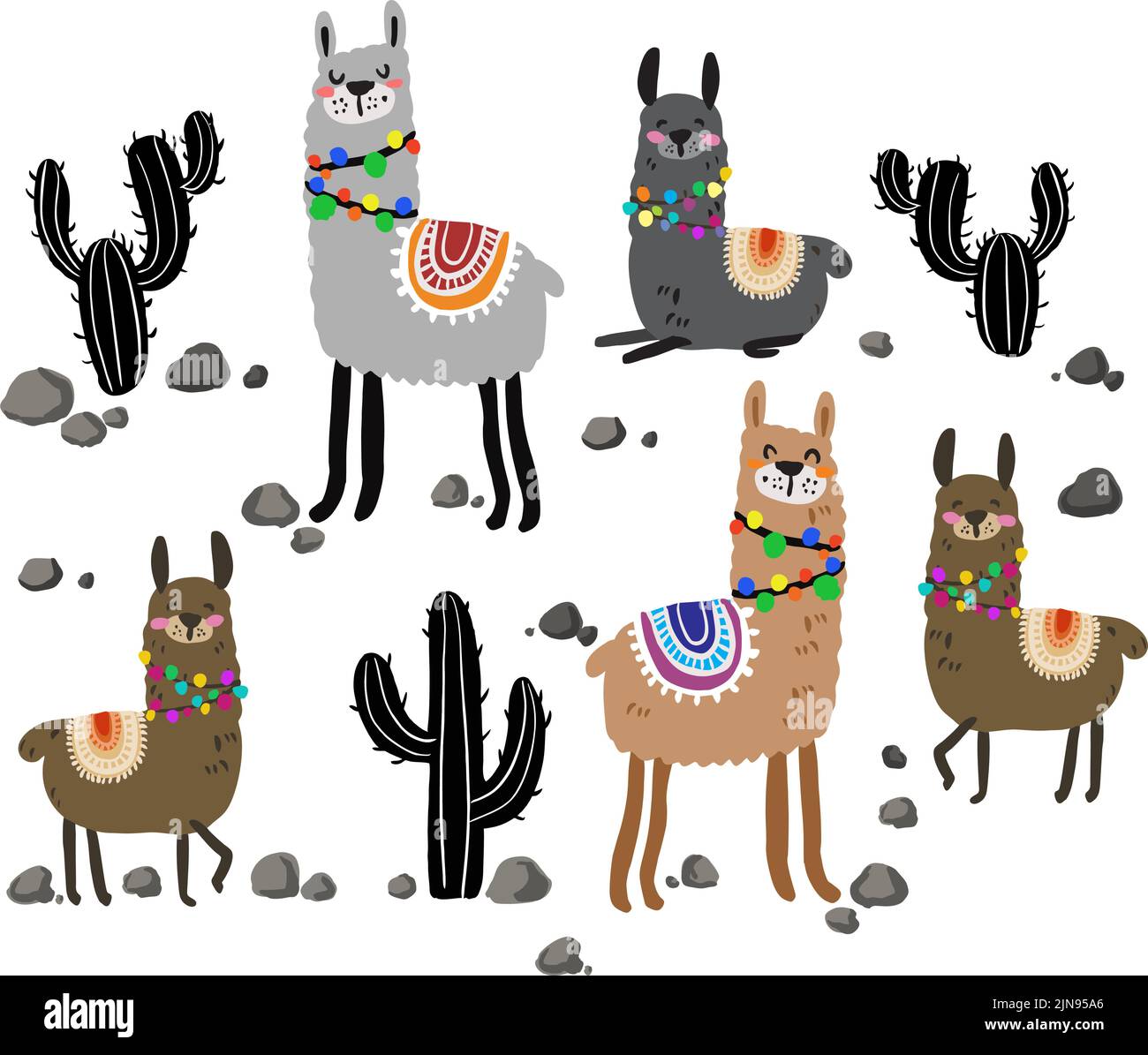 Niedliche Lamas oder Alpakas mit handgezeichneten Kaktus-Vektor-Illustrationen. Stock Vektor