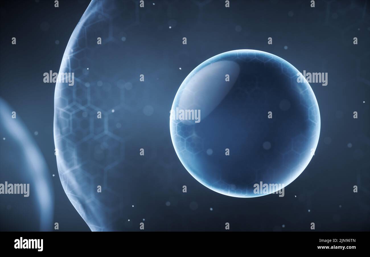 Biologische Zelle mit Dünnschicht, 3D Rendering. Digitale Zeichnung des Computers. Stockfoto