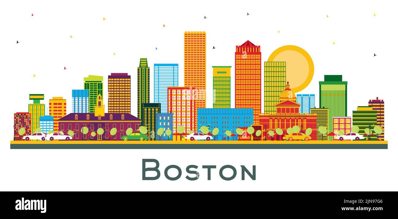 Boston Massachusetts USA City Skyline mit farbigen Gebäuden und blauem Himmel isoliert auf Weiß. Vektorgrafik. Reise- und Tourismuskonzept. Stock Vektor