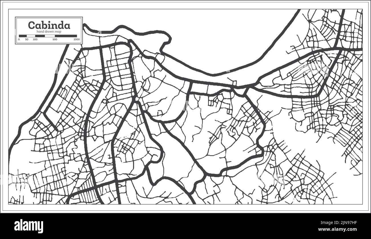 Cabinda Angola Stadtplan in Schwarz und Weiß Farbe im Retro-Stil isoliert auf Weiß. Übersichtskarte. Vektorgrafik. Stock Vektor