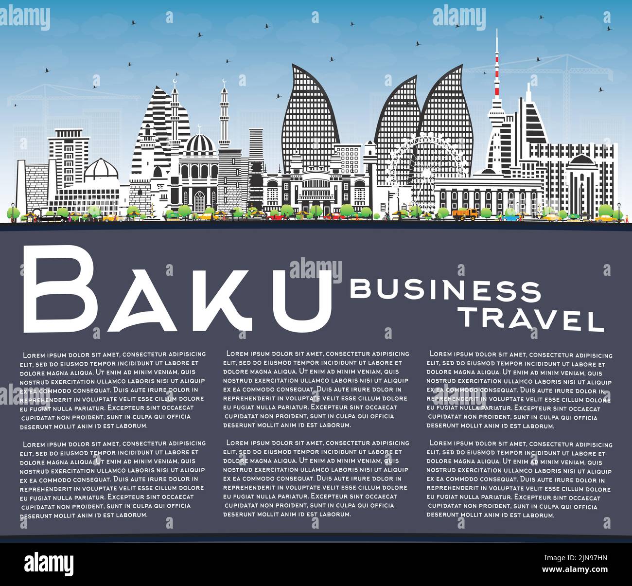 Skyline von Baku, Aserbaidschan, mit farbigen Gebäuden, blauem Himmel und Kopierraum. Vektorgrafik. Stadtbild von Baku mit Wahrzeichen. Stock Vektor