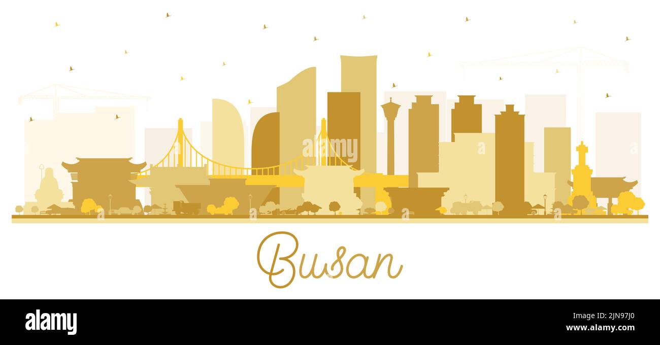 Busan Südkorea City Skyline Silhouette mit goldenen Gebäuden isoliert auf Weiß. Vektorgrafik. Tourismuskonzept. Stock Vektor