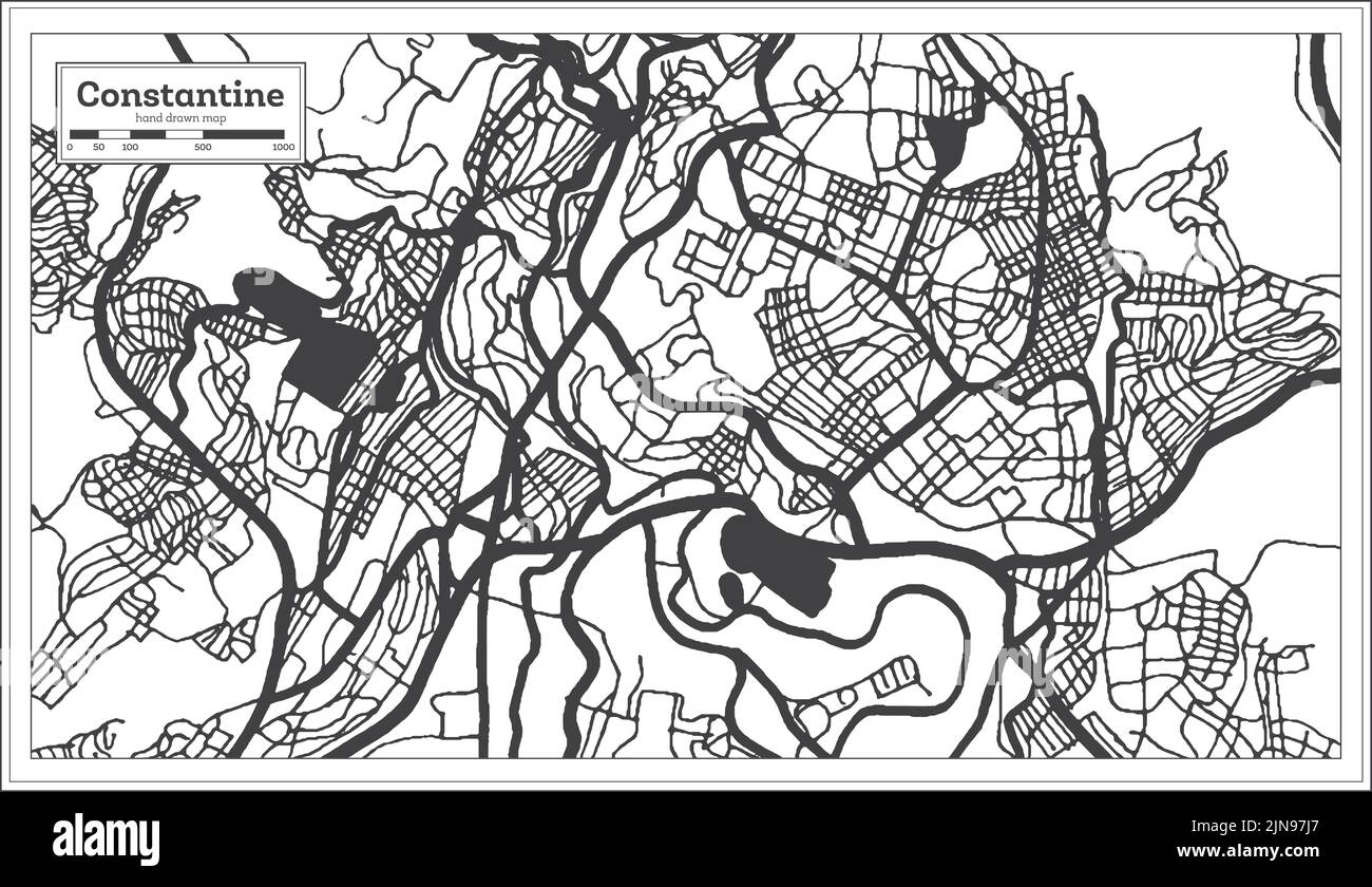 Constantine Algerien Stadtplan im Retro-Stil in Schwarz-Weiß-Farbe. Übersichtskarte. Vektorgrafik. Stock Vektor