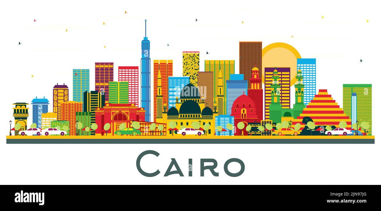Kairo Egypt City Skyline mit farbigen Gebäuden und blauem Himmel isoliert auf Weiß. Vektorgrafik. Business Travel und Tourismus Konzept. Stock Vektor