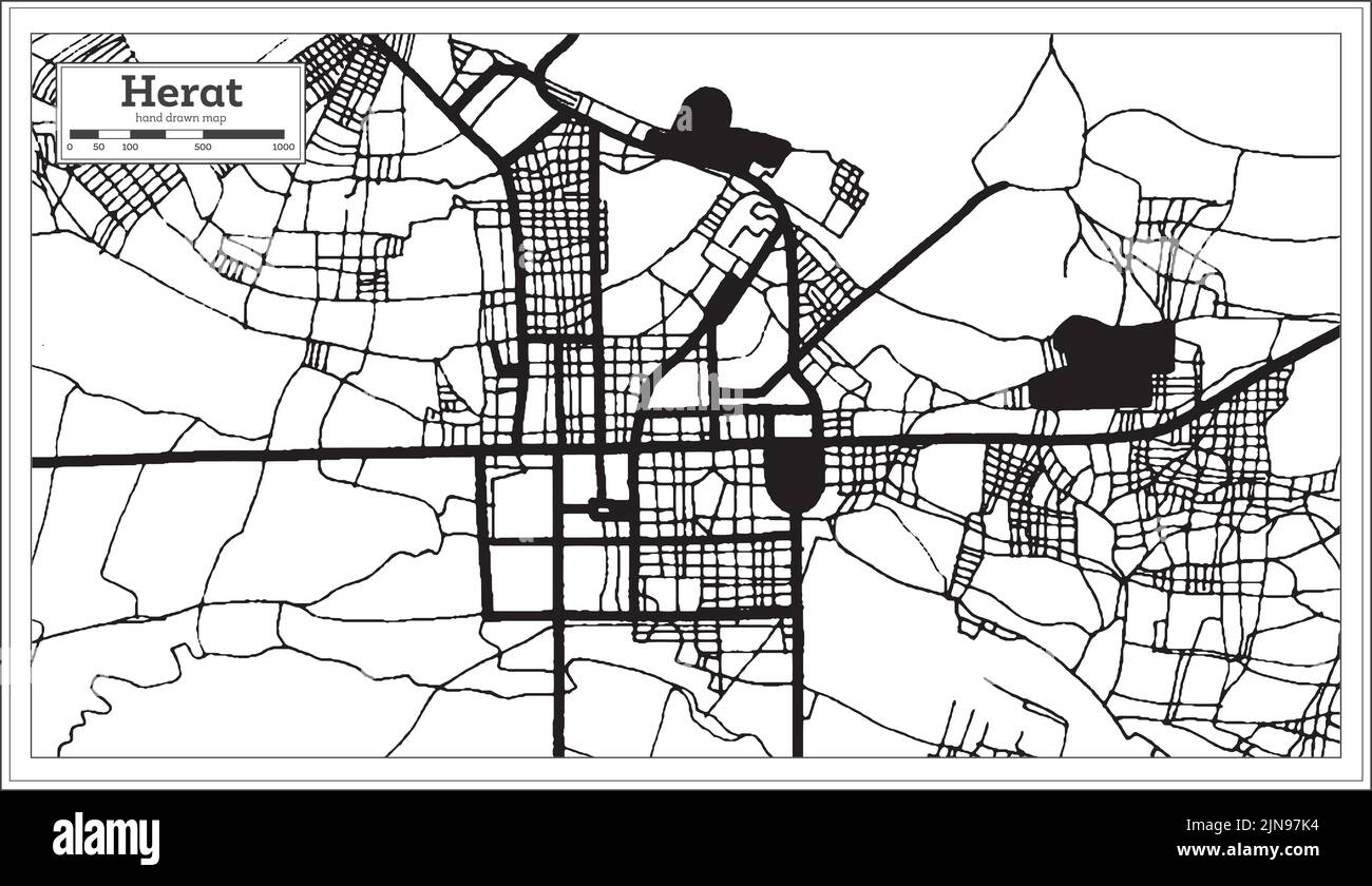 Herat Afghanistan Stadtplan in Schwarz-Weiß-Farbe im Retro-Stil. Übersichtskarte. Vektorgrafik. Stock Vektor