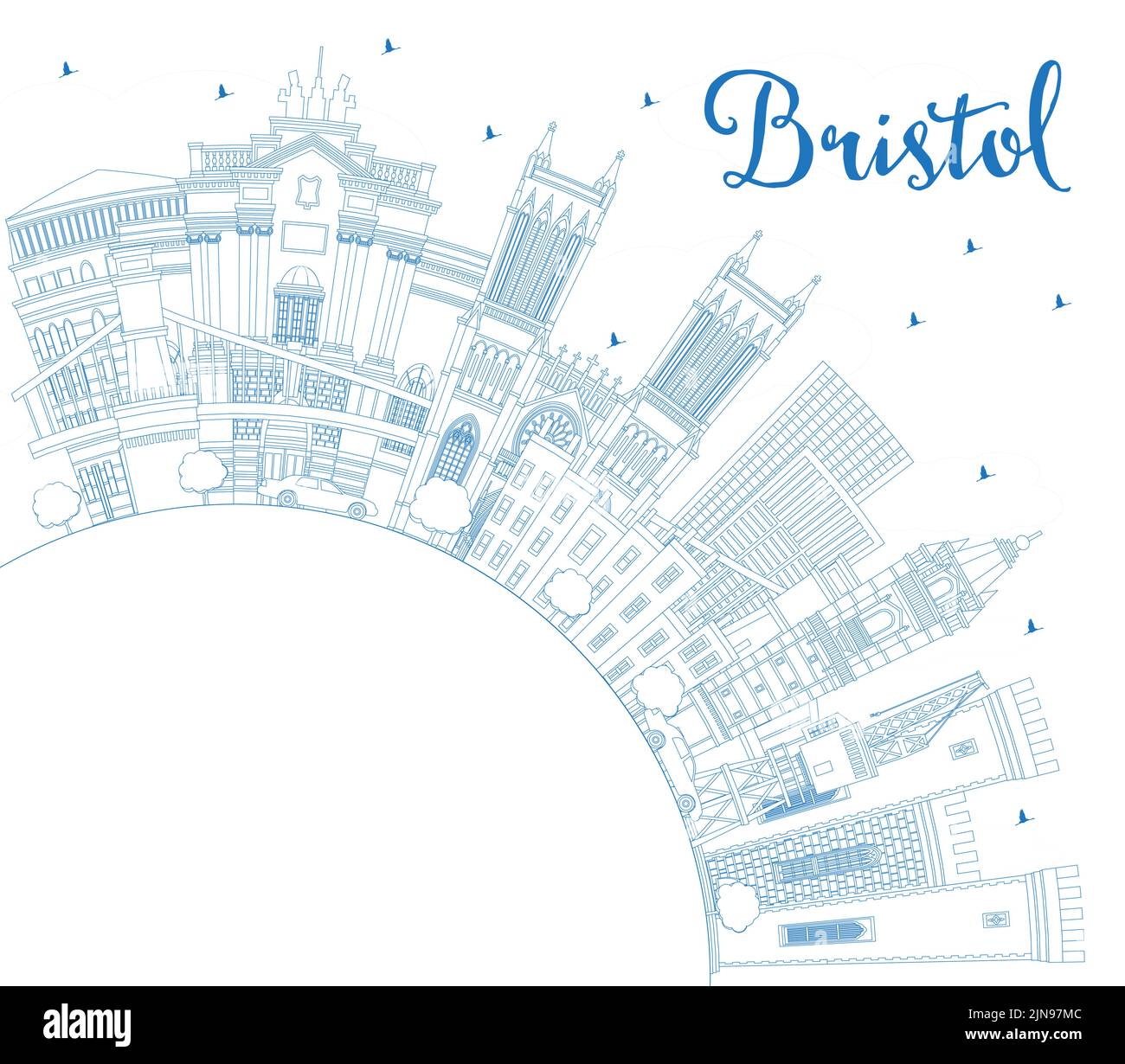 Skizzieren Sie die Skyline von Bristol UK mit blauen Gebäuden und Kopierflächen. Vektorgrafik. Bristol England Stadtbild mit Wahrzeichen. Stock Vektor