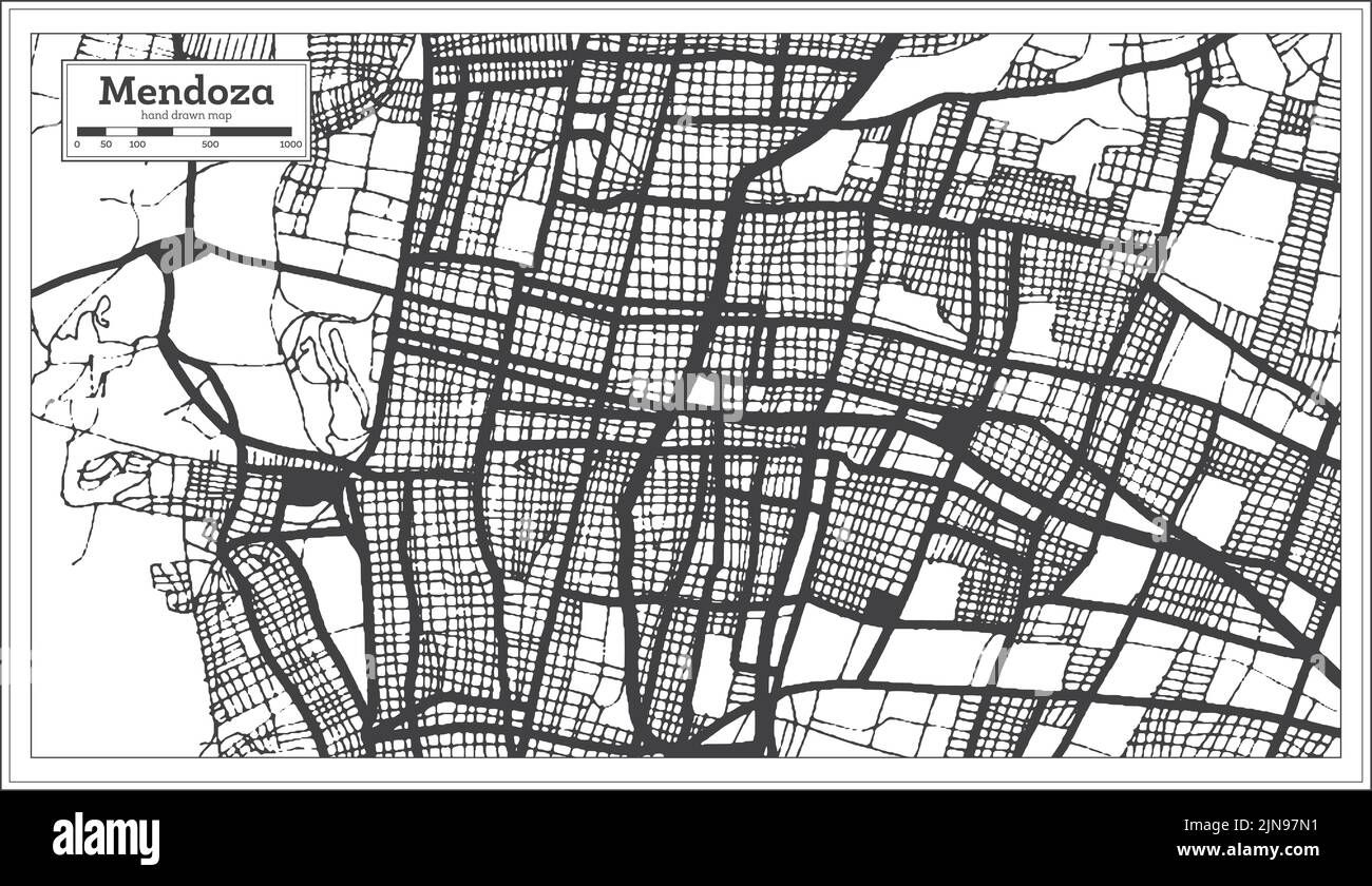 Mendoza Argentinien Stadtplan in Schwarz und Weiß Farbe im Retro-Stil isoliert auf Weiß. Übersichtskarte. Vektorgrafik. Stock Vektor