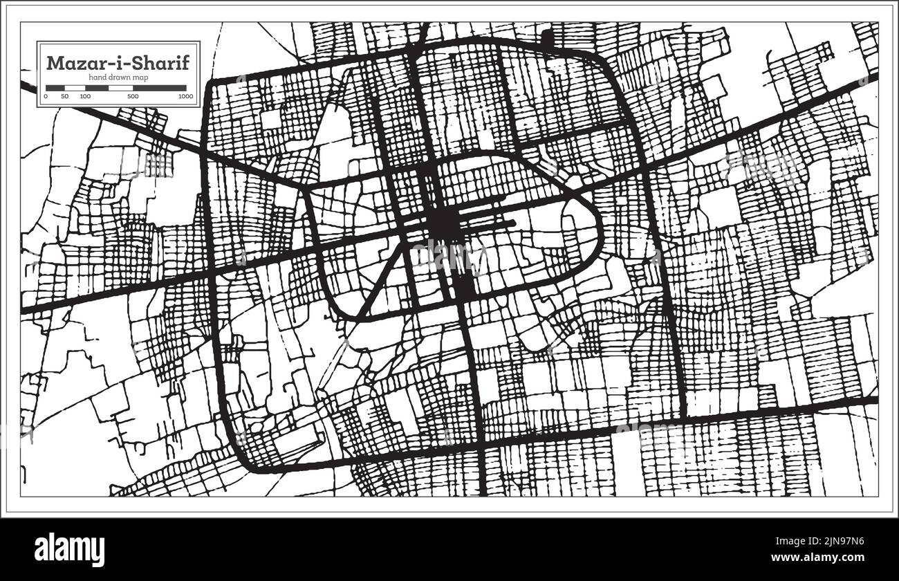 Mazar-i-Sharif Afghanistan Stadtplan in Schwarz-Weiß-Farbe im Retro-Stil. Übersichtskarte. Vektorgrafik. Stock Vektor