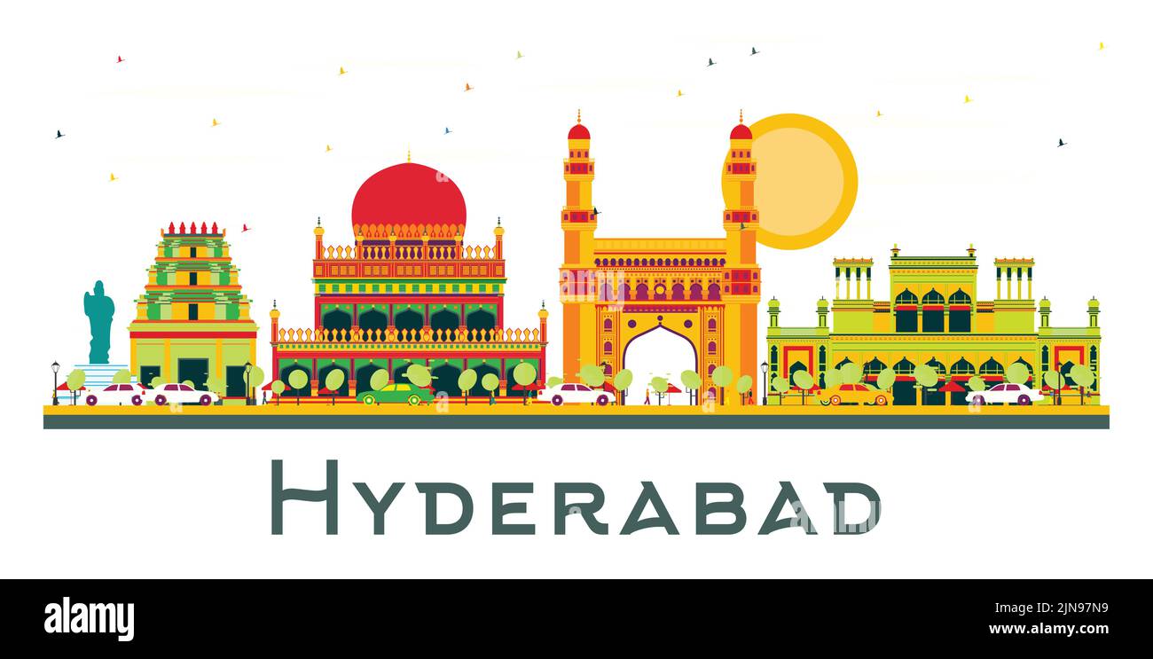 Hyderabad India City Skyline mit farbigen Gebäuden und blauem Himmel isoliert auf Weiß. Vektorgrafik. Business Travel und Tourismus Konzept. Stock Vektor