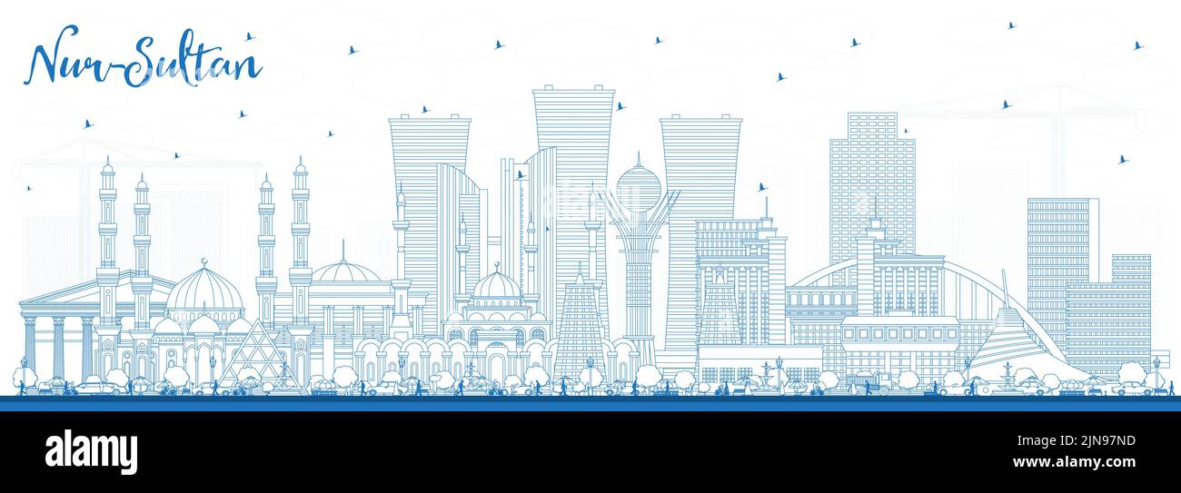 Skizzieren Sie die nur-Sultan-Skyline von Kasachstan mit blauen Gebäuden. Vektorgrafik. Nur-Sultan Stadtbild mit Wahrzeichen. Geschäftsreisen und Tourismus Stock Vektor
