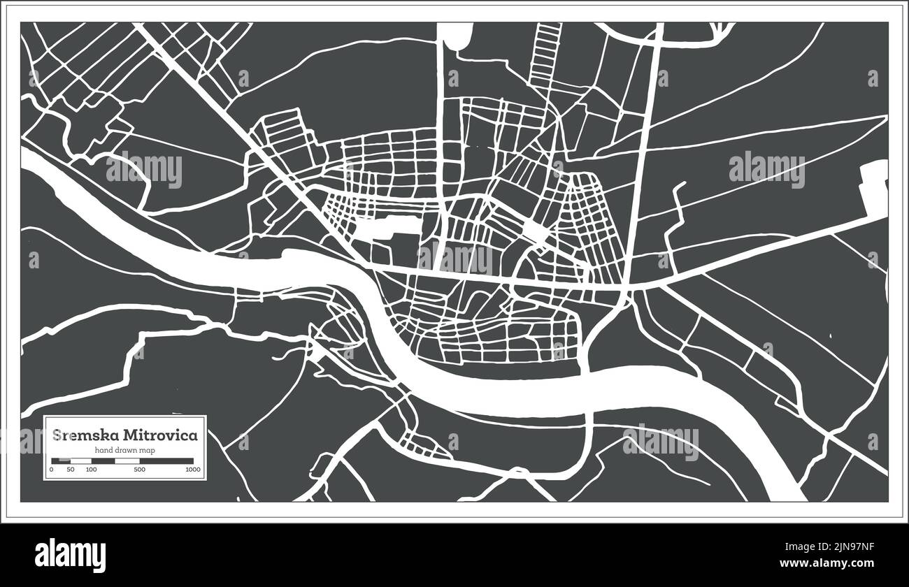 Sremska Mitrovica Serbia Stadtplan in Schwarz-Weiß-Farbe im Retro-Stil. Übersichtskarte. Vektorgrafik. Stock Vektor