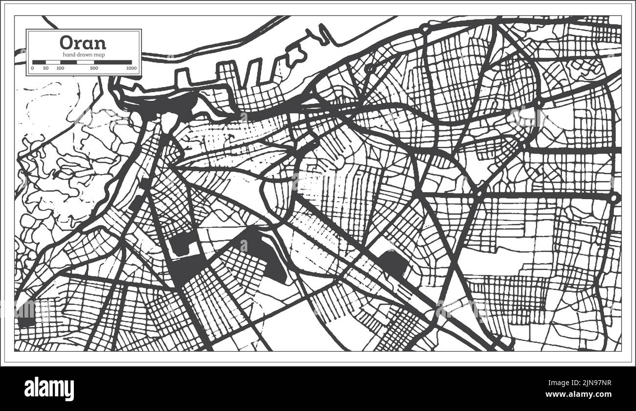 Oran Algerien Stadtplan im Retro-Stil in Schwarz und Weiß Farbe. Übersichtskarte. Vektorgrafik. Stock Vektor