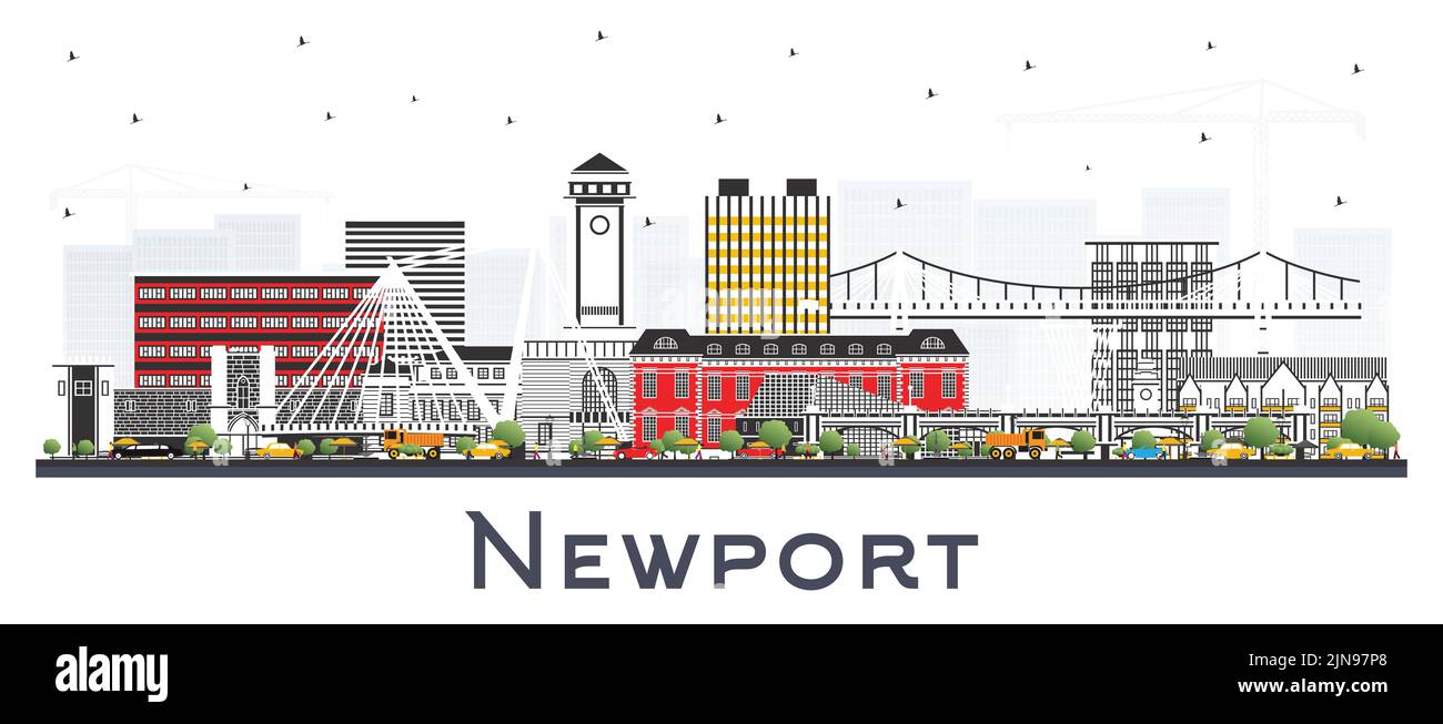 Skyline von Newport Wales City mit farbigen Gebäuden auf Weiß isoliert. Vektorgrafik. Newport UK Stadtbild mit Wahrzeichen. Stock Vektor