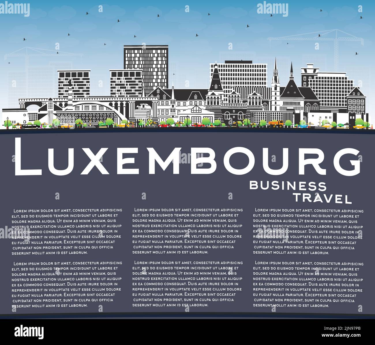 Skyline der Stadt Luxemburg mit farbigen Gebäuden, blauem Himmel und Kopierraum. Vektorgrafik. Luxemburgisches Stadtbild mit Wahrzeichen. Stock Vektor