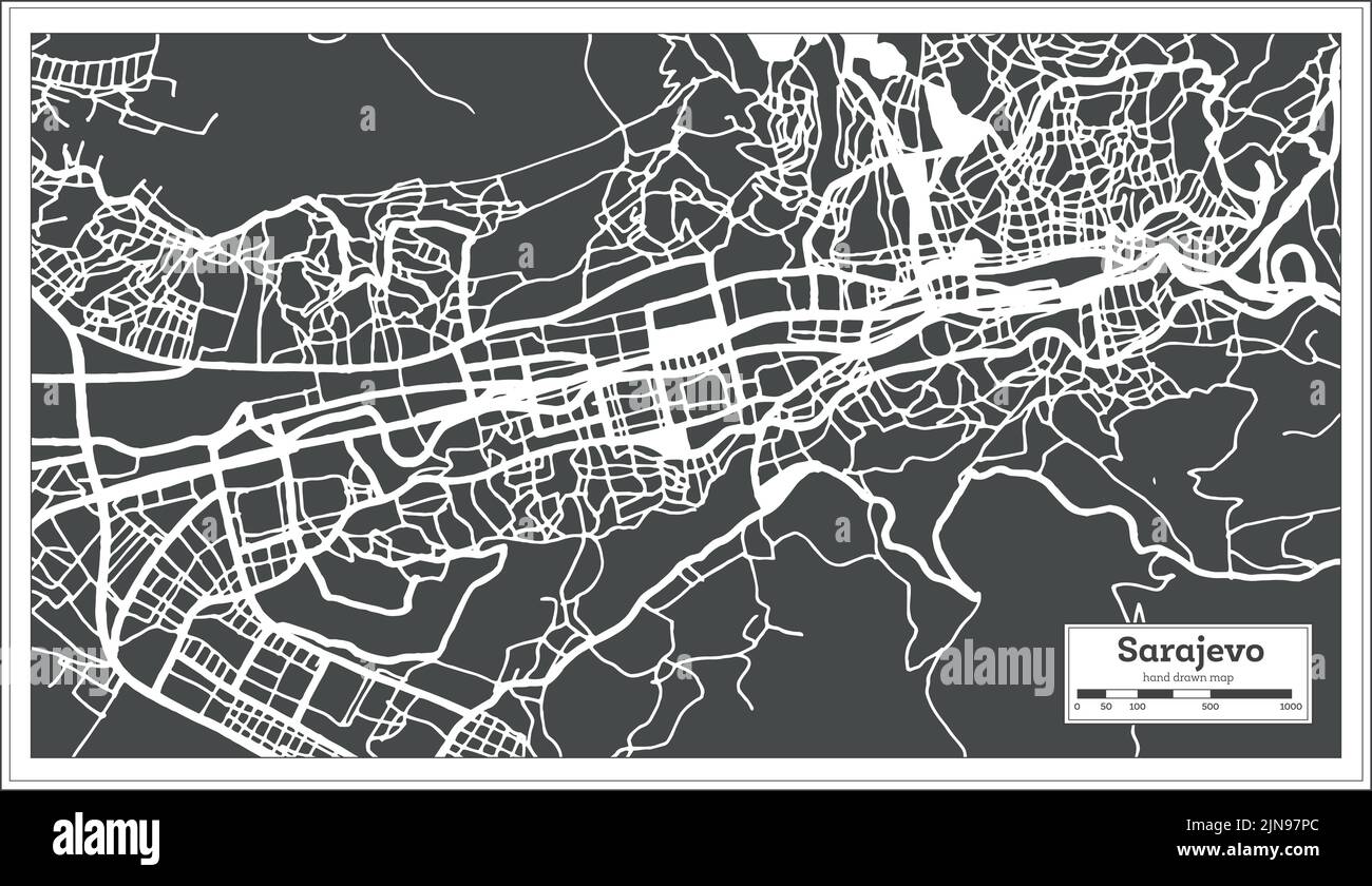 Sarajevo Stadtplan Bosnien und Herzegowina in Schwarz-Weiß-Farbe im Retro-Stil. Übersichtskarte. Vektorgrafik. Stock Vektor