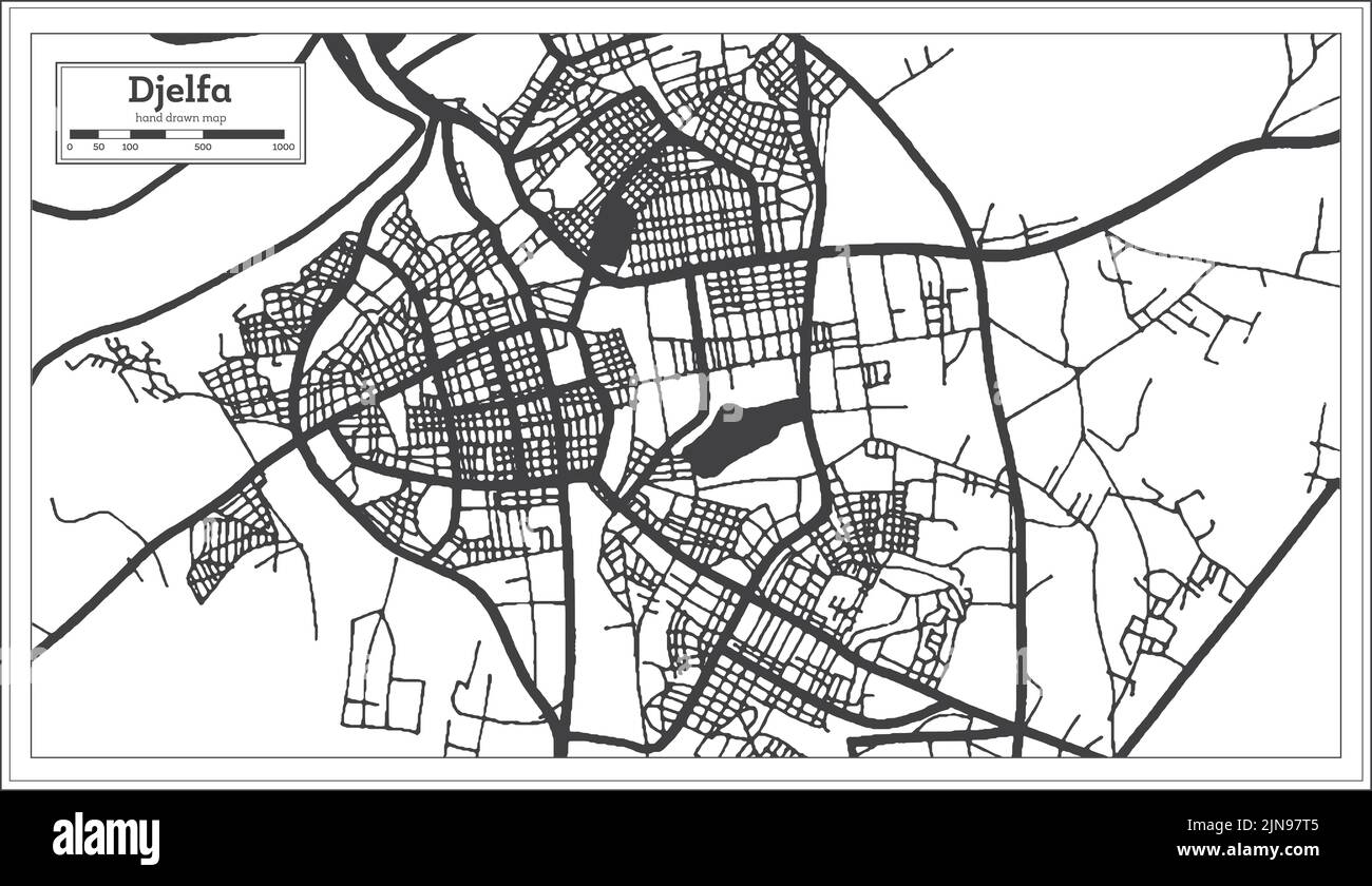 Djelfa Algerien Stadtplan im Retro-Stil in Schwarz-Weiß-Farbe. Übersichtskarte. Vektorgrafik. Stock Vektor