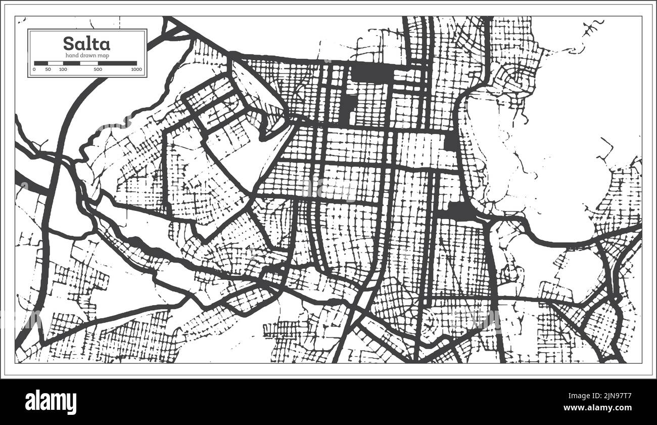 Salta Argentinien Stadtplan in Schwarz und Weiß Farbe im Retro-Stil isoliert auf Weiß. Übersichtskarte. Vektorgrafik. Stock Vektor