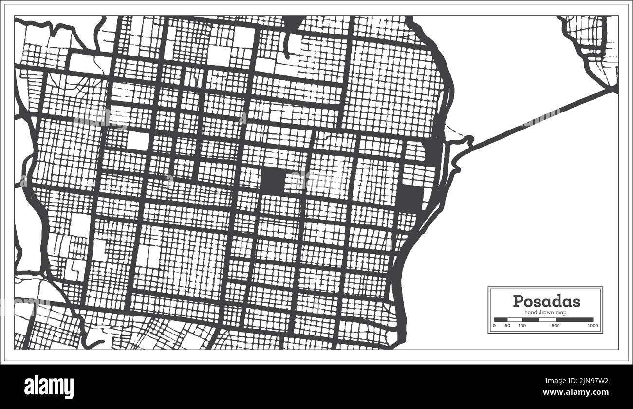 Posadas Argentina Stadtplan in Schwarz und Weiß Farbe im Retro-Stil isoliert auf Weiß. Übersichtskarte. Vektorgrafik. Stock Vektor