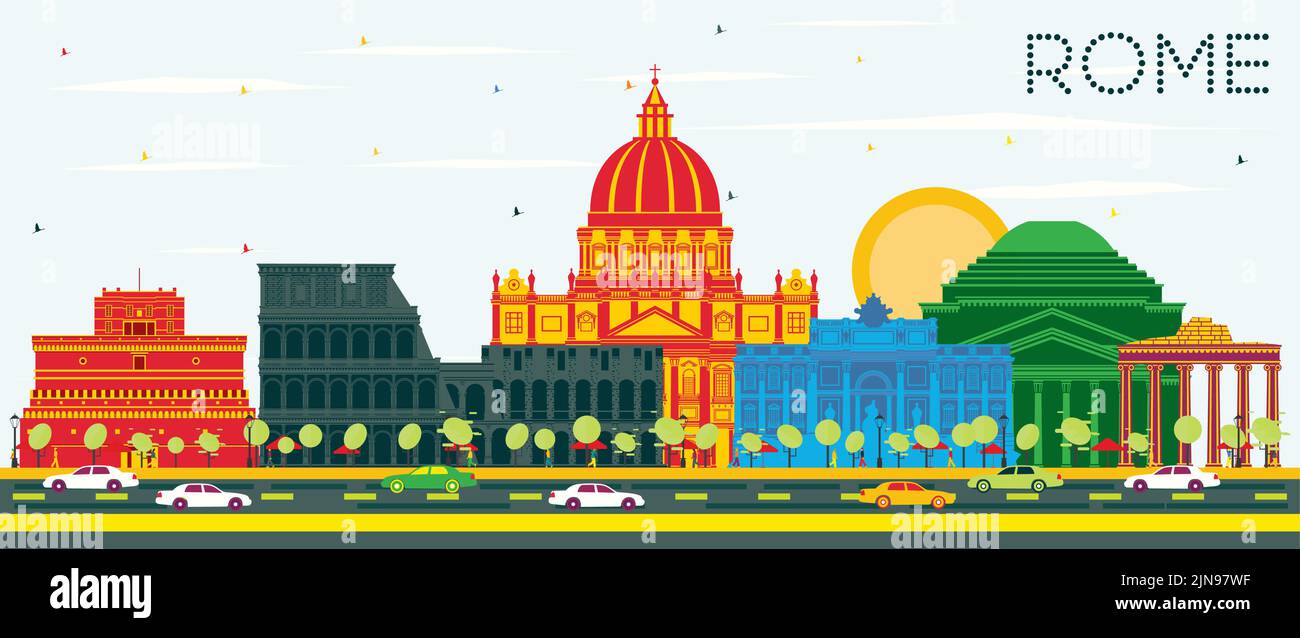Skyline von Rom Italien mit farbigen Gebäuden und blauem Himmel. Vektorgrafik. Geschäftsreisen und Konzept mit historischer Architektur. Stadtbild Von Rom Stock Vektor