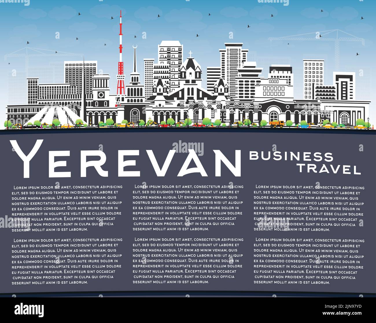 Skyline von Jerewan, Armenien, mit farbigen Gebäuden, blauem Himmel und Kopierraum. Vektorgrafik. Stadtbild von Jerewan mit Wahrzeichen. Stock Vektor