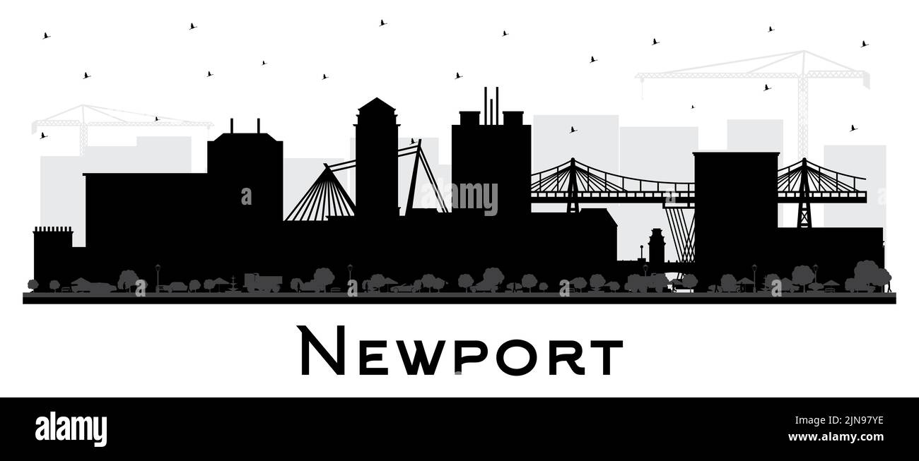 Skyline von Newport Wales City Silhouette mit schwarzen Gebäuden isoliert auf Weiß. Vektorgrafik. Newport UK Stadtbild mit Wahrzeichen. Stock Vektor