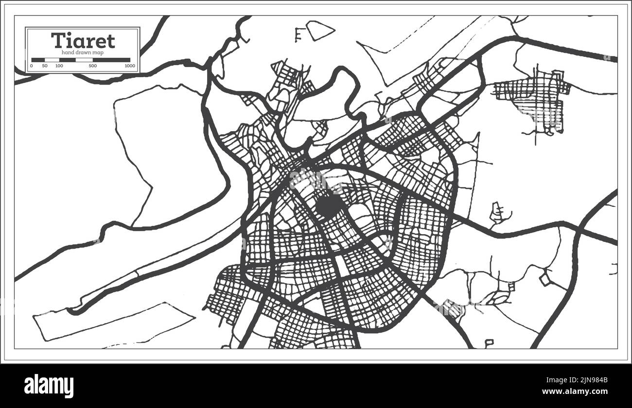 Tiaret Algerien Stadtplan im Retro-Stil in Schwarz-Weiß-Farbe. Übersichtskarte. Vektorgrafik. Stock Vektor