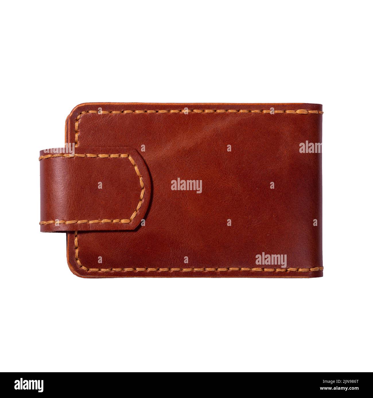Luxus Craft Visitenkartenhalter Etui aus Leder. Braune Lederbox für Karten isoliert auf weißem Hintergrund. Rückseite. Stockfoto