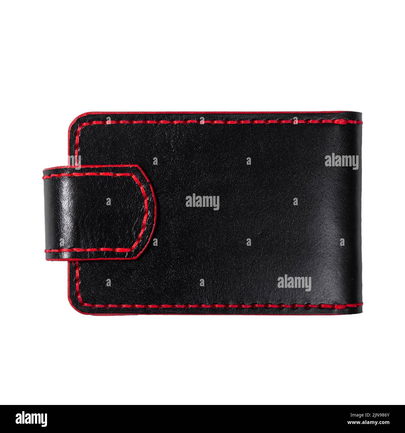 Luxus Craft Visitenkartenhalter Etui aus Leder. Schwarze Lederbox für Karten isoliert auf weißem Hintergrund. Rückseite. Stockfoto