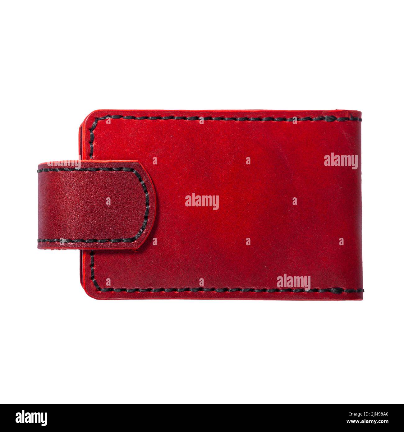 Luxus Craft Visitenkartenhalter Etui aus Leder. Rote Lederbox für Karten isoliert auf weißem Hintergrund. Rückseite. Stockfoto