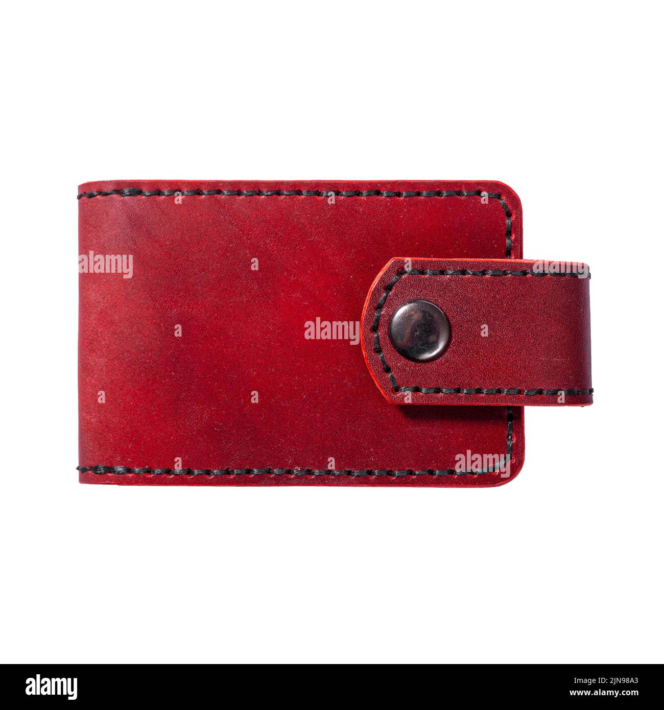 Luxus Craft Visitenkartenhalter Etui aus Leder. Rote Lederbox für Karten isoliert auf weißem Hintergrund. Stockfoto