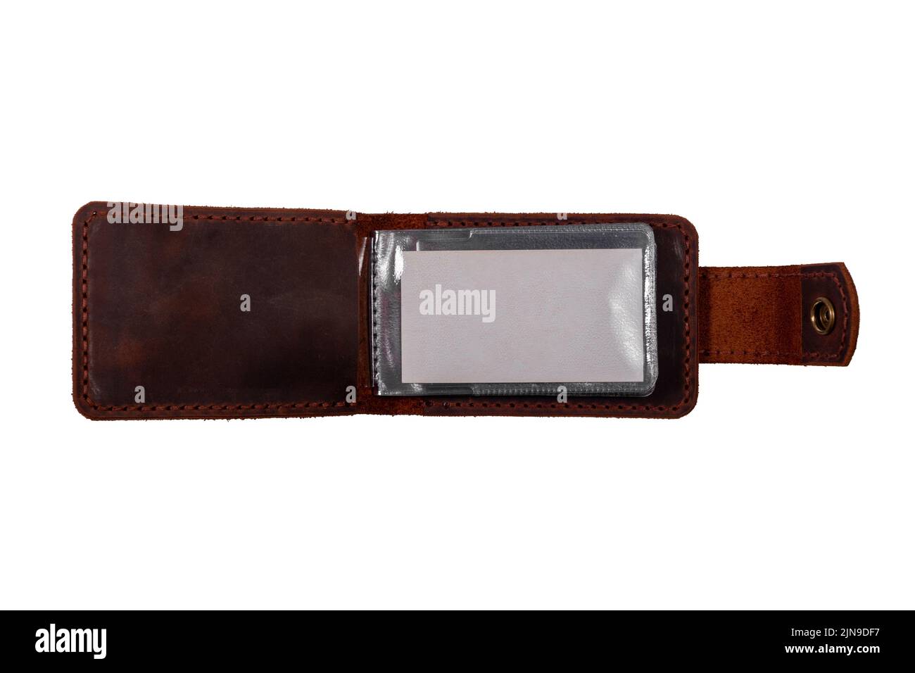 Offene Luxus Craft Visitenkartenetui aus Leder. Braune Lederbox für Karten isoliert auf weißem Hintergrund. Stockfoto
