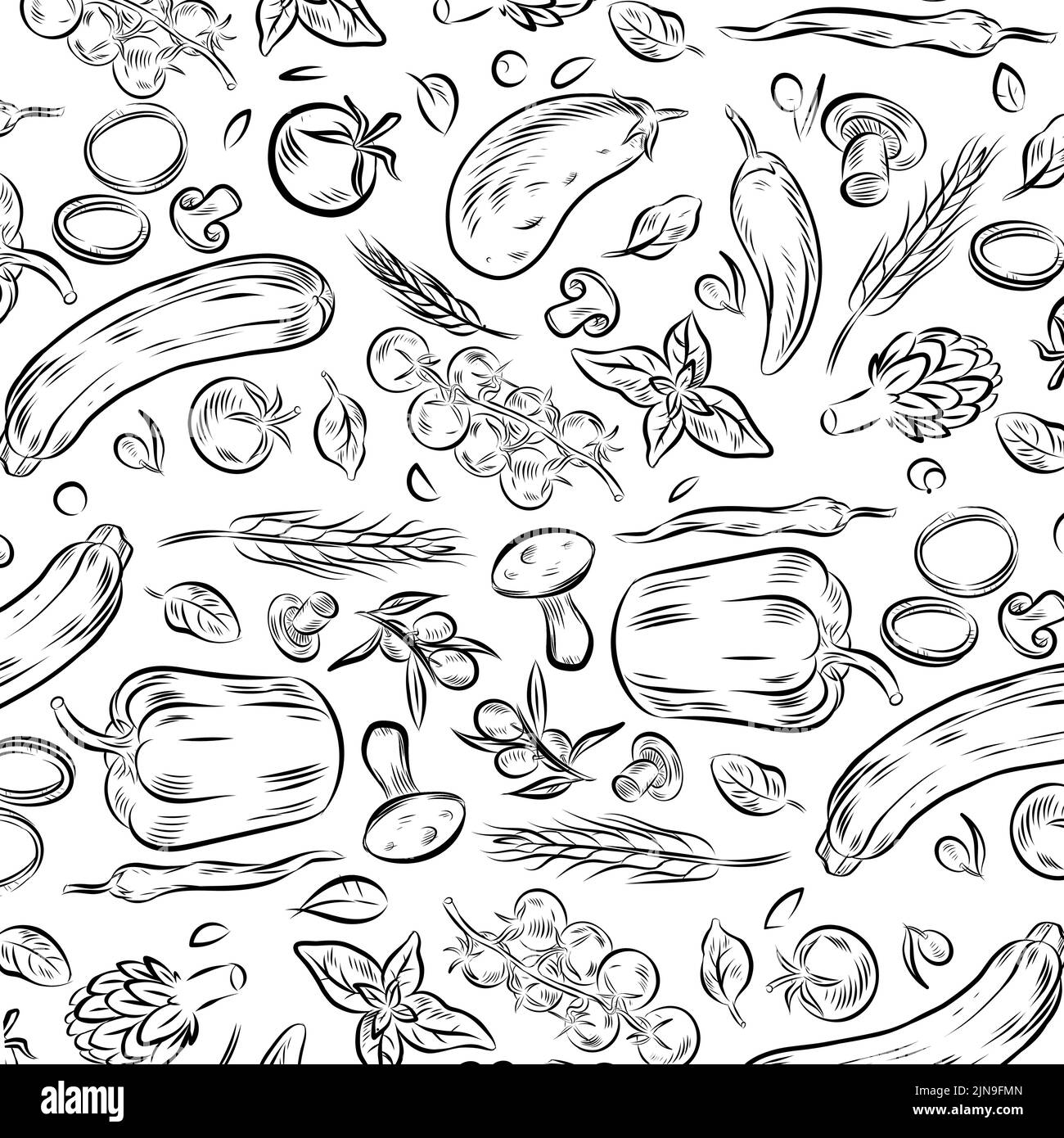 Handgezeichnetes Obst- und Gemüseset. Nahtloses Muster Stock Vektor