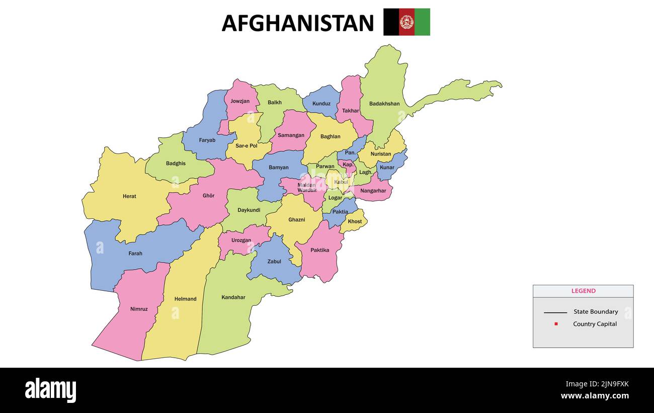 Afghanistan-Karte. Distriktkarte von Afghanistan Detaillierte Karte von Afghanistan in Farbe mit Hauptstadt. Stock Vektor